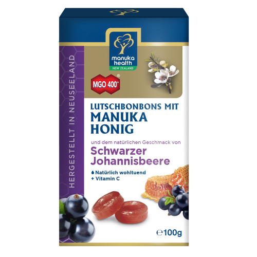 MANUKA HEALTH MGO 400+ Lutschbonb.schw.Johannisb.